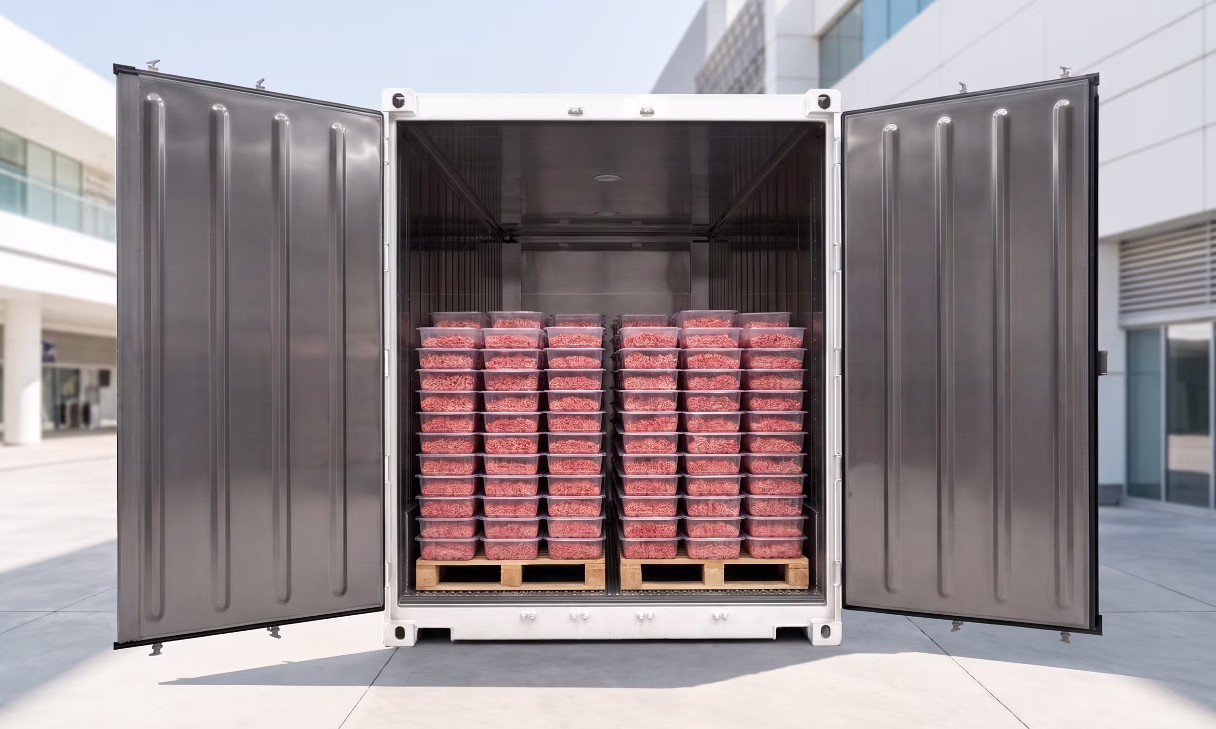 Carne picada de res envasada al interior de un contenedor reefer