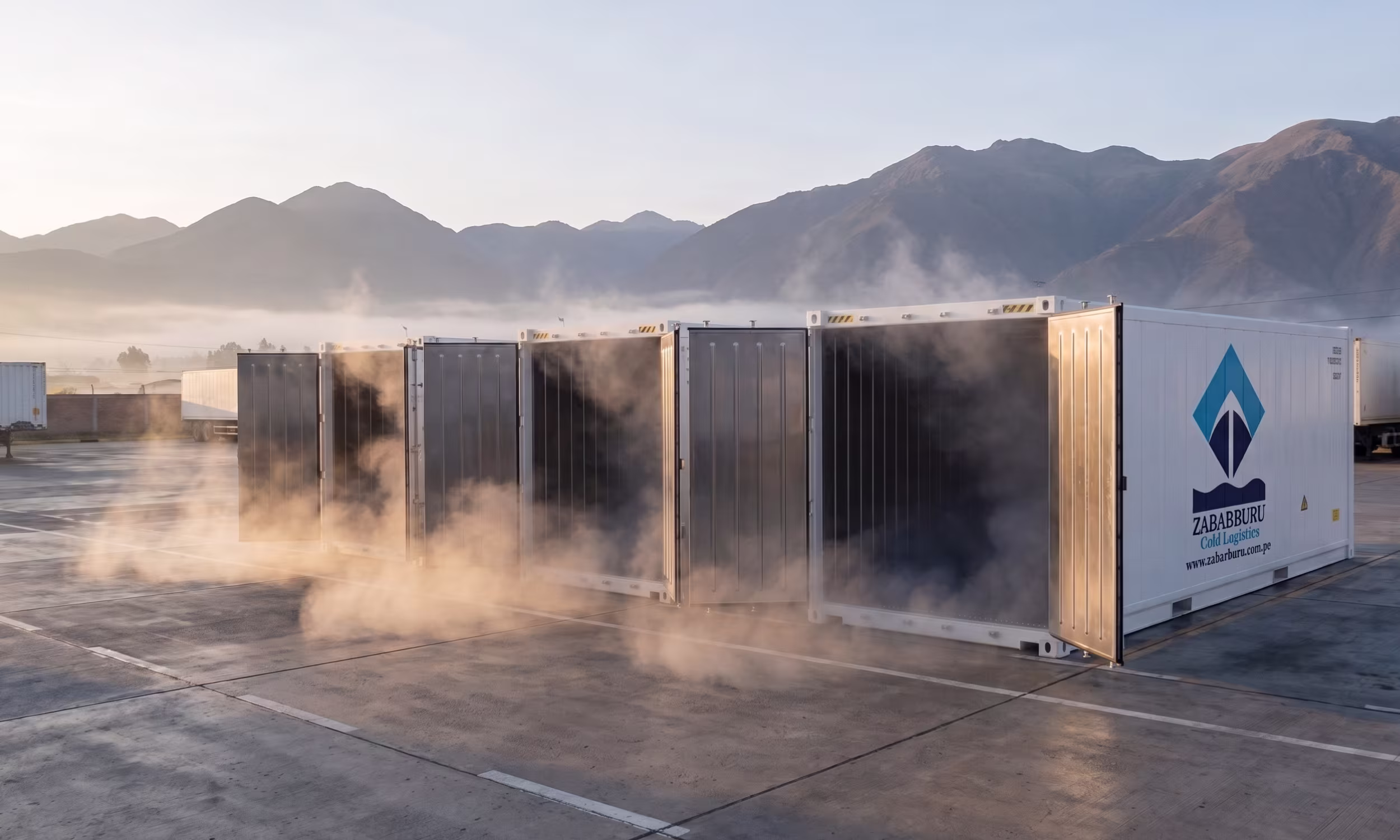 Tres contenedores refrigerados Zabarburu con las puertas abiertas en un paisaje de la sierra peruana