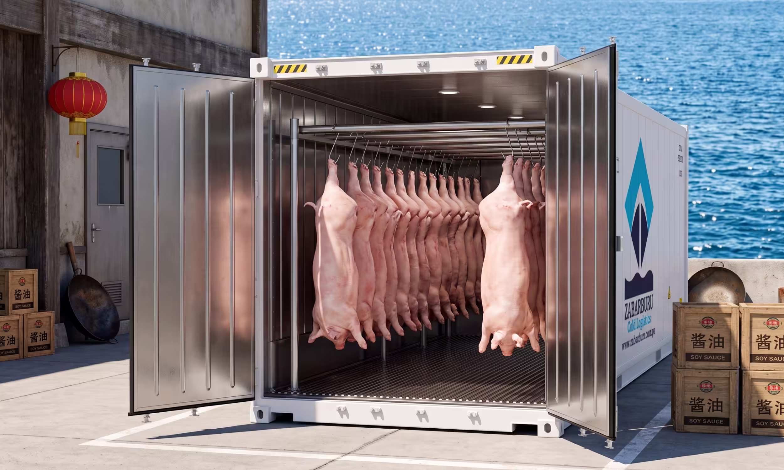 Piezas completas de carne de cerdo colgando al interior de un contenedor refrigerado