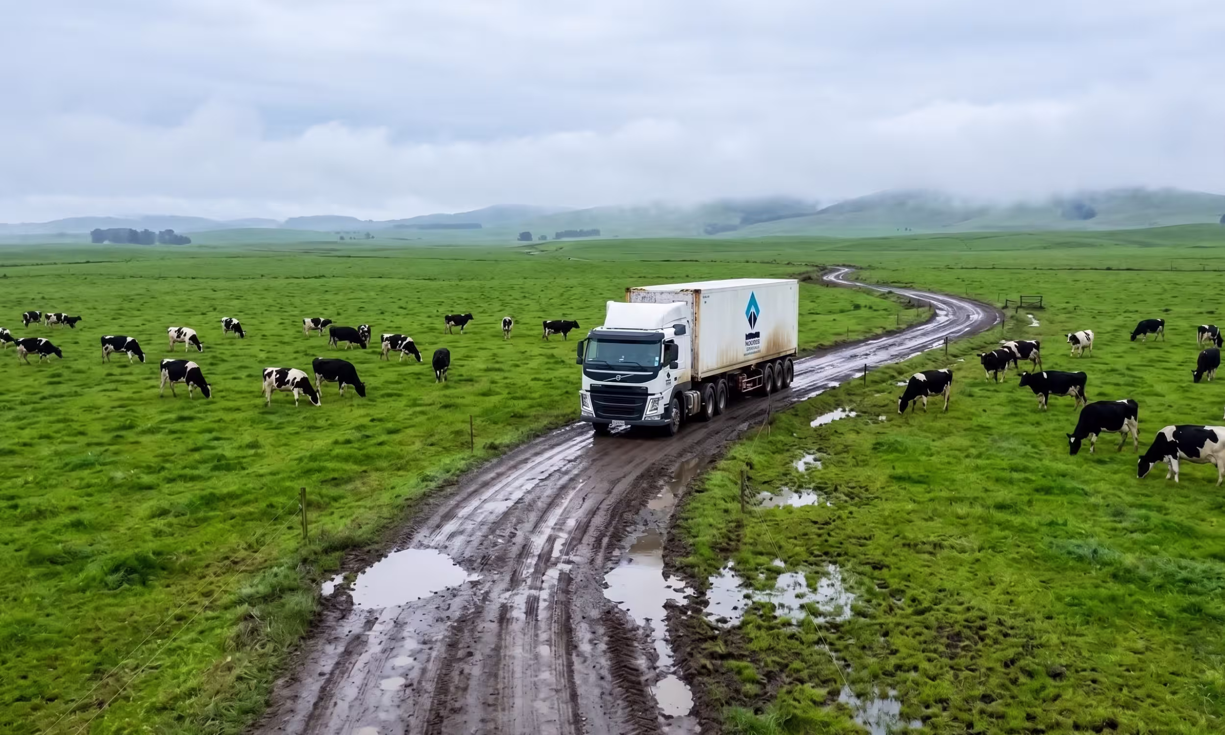 Camión con contenedor refrigerado transitando por una carretera de tierra en un día lluvioso en meo del campo