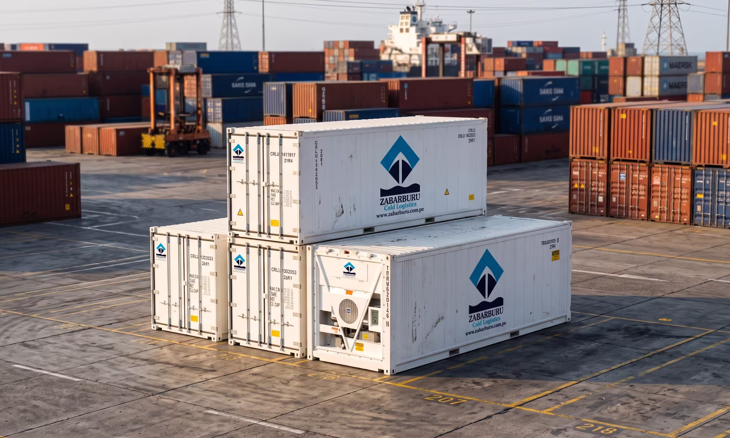 Cuatro contenedores refrigerados en medio de un pato de contenedores
