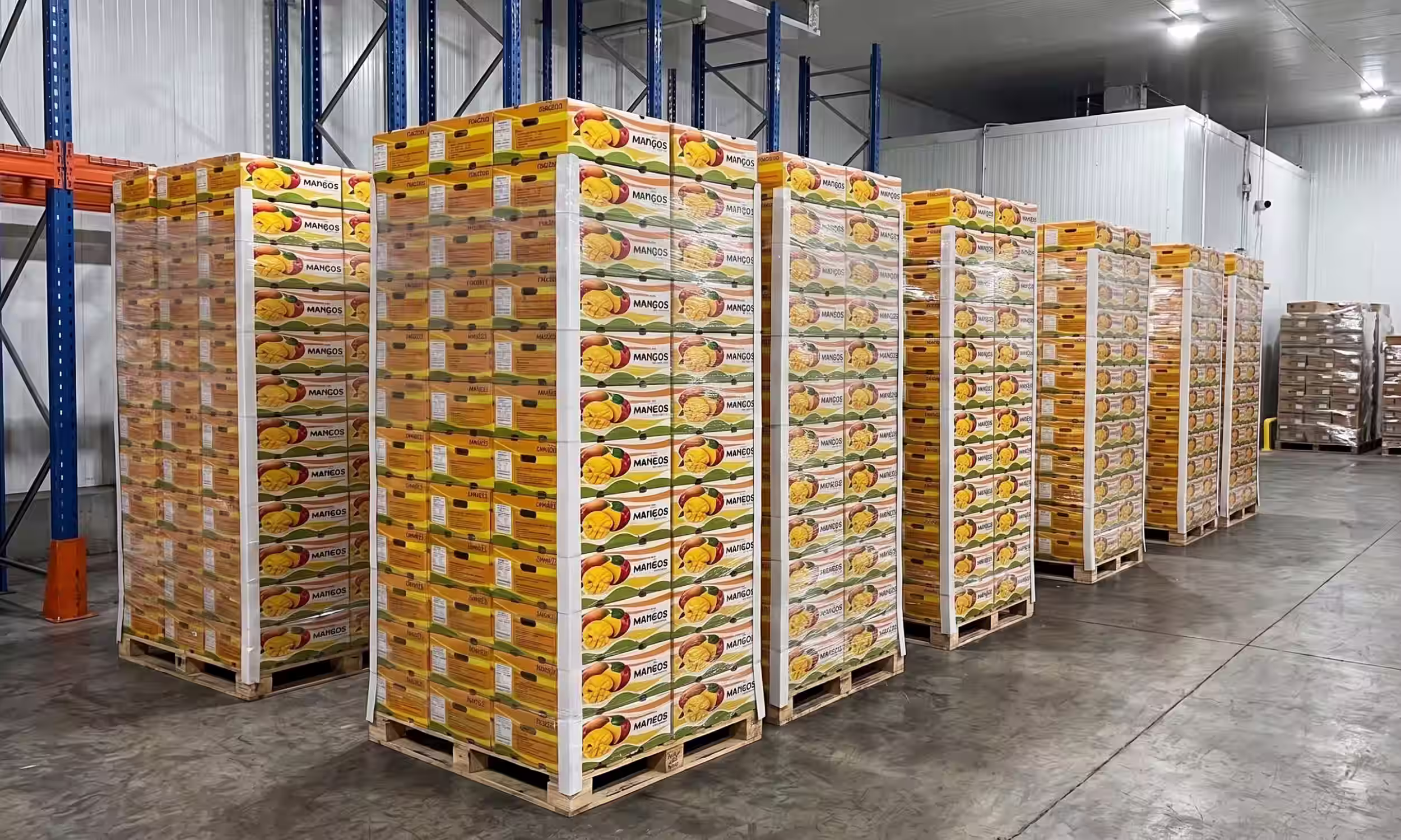 Cajas de mango paletizadas dentro de un almacén refrigerado