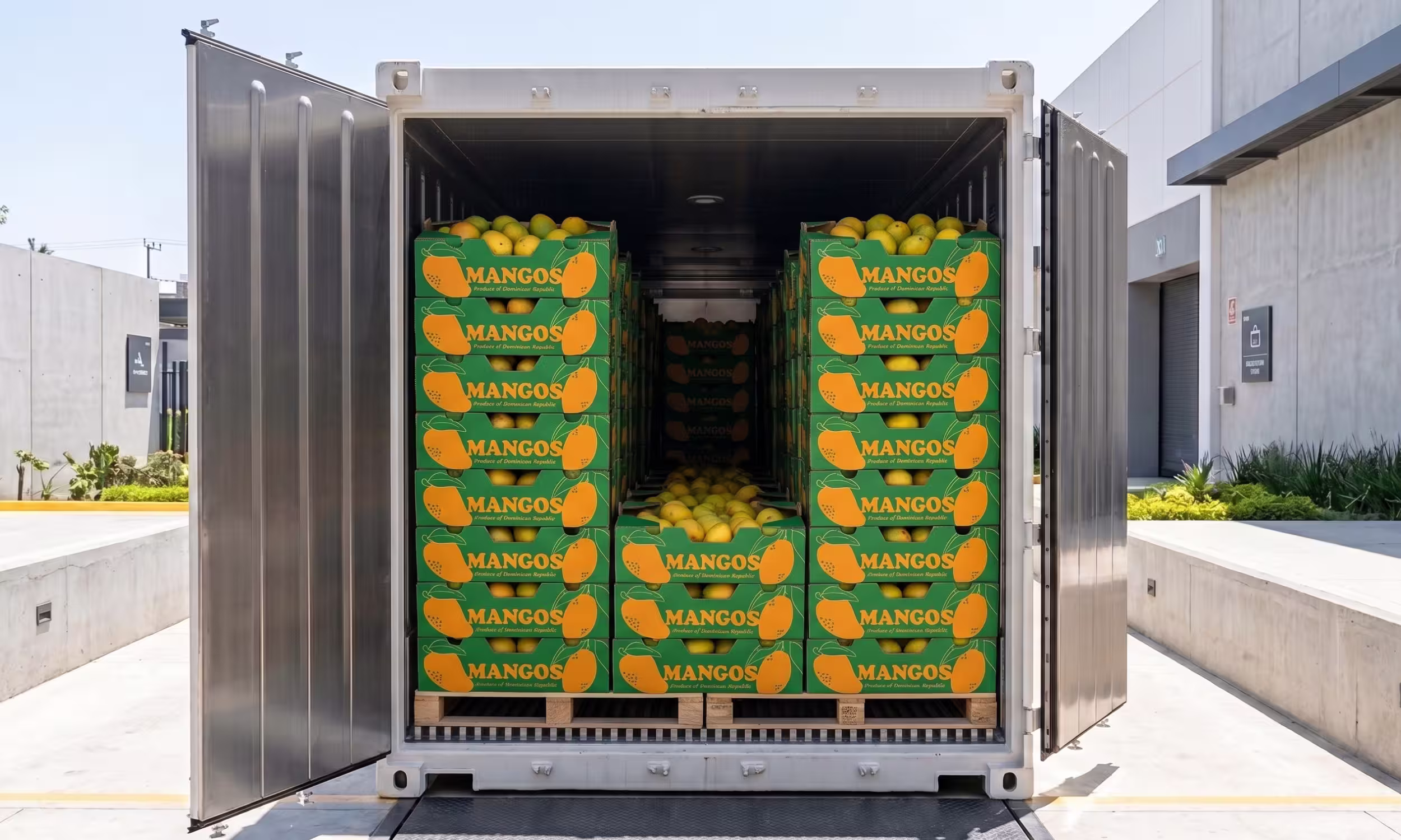 Cajas de mango en el interior de un contenedor refrigerado de 20 pies