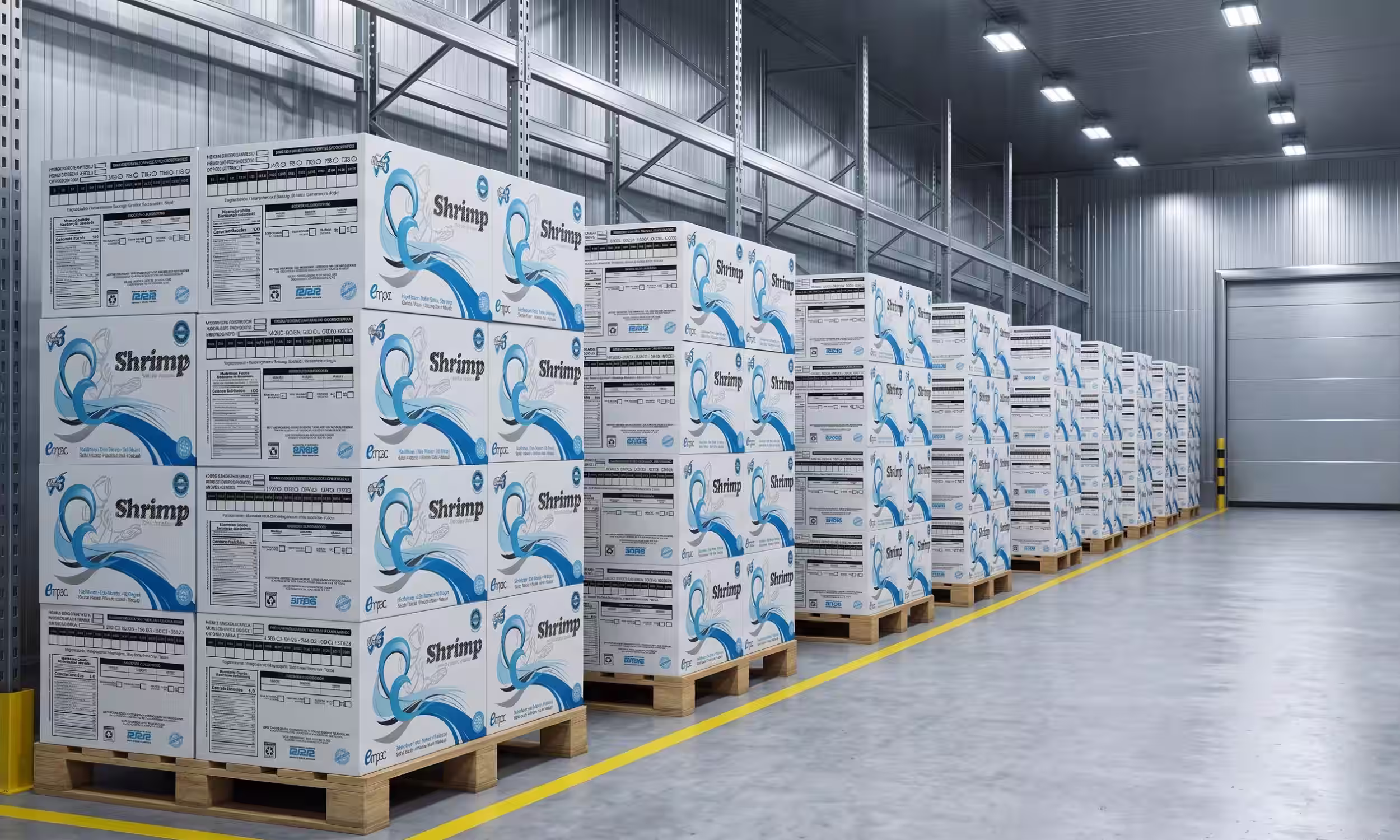cajas de camarón congelado dentro de un almacén refrigerado