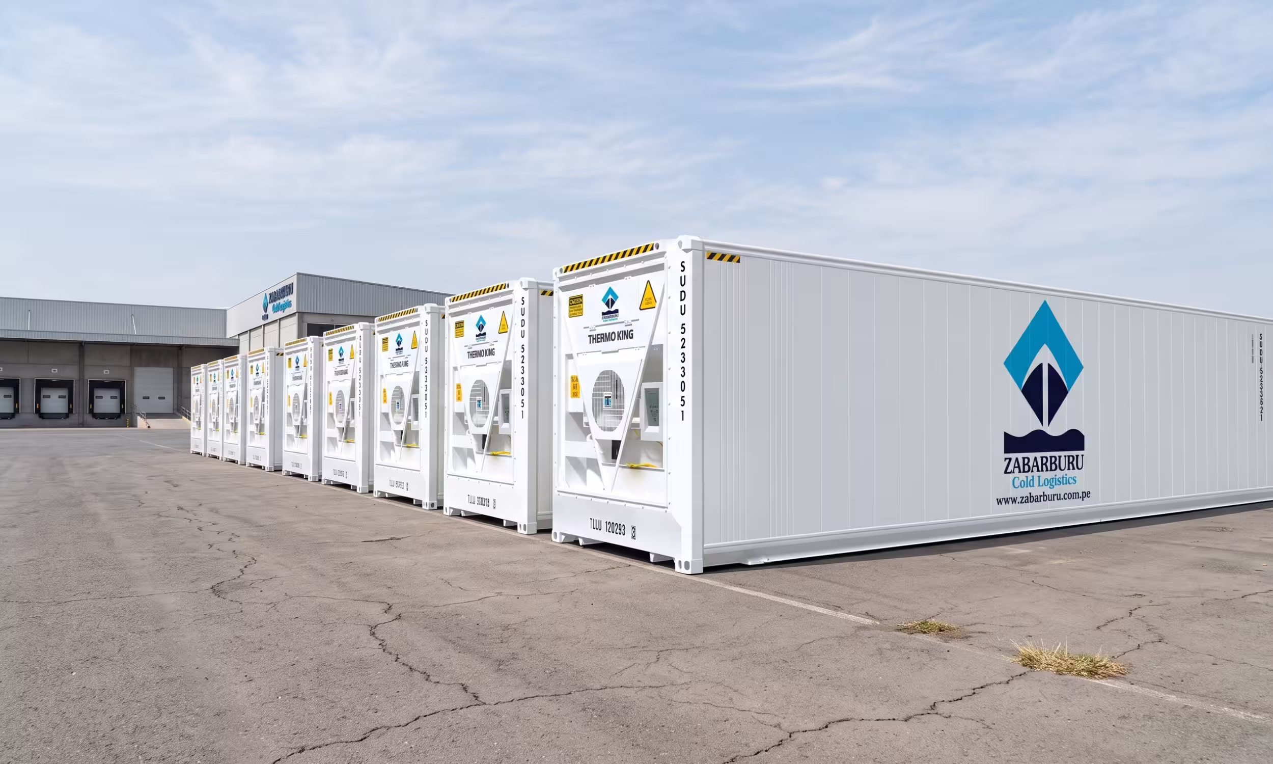 Línea de varios contenedores refrigerados de 40 pies a fueras de un centro de almacenamiento