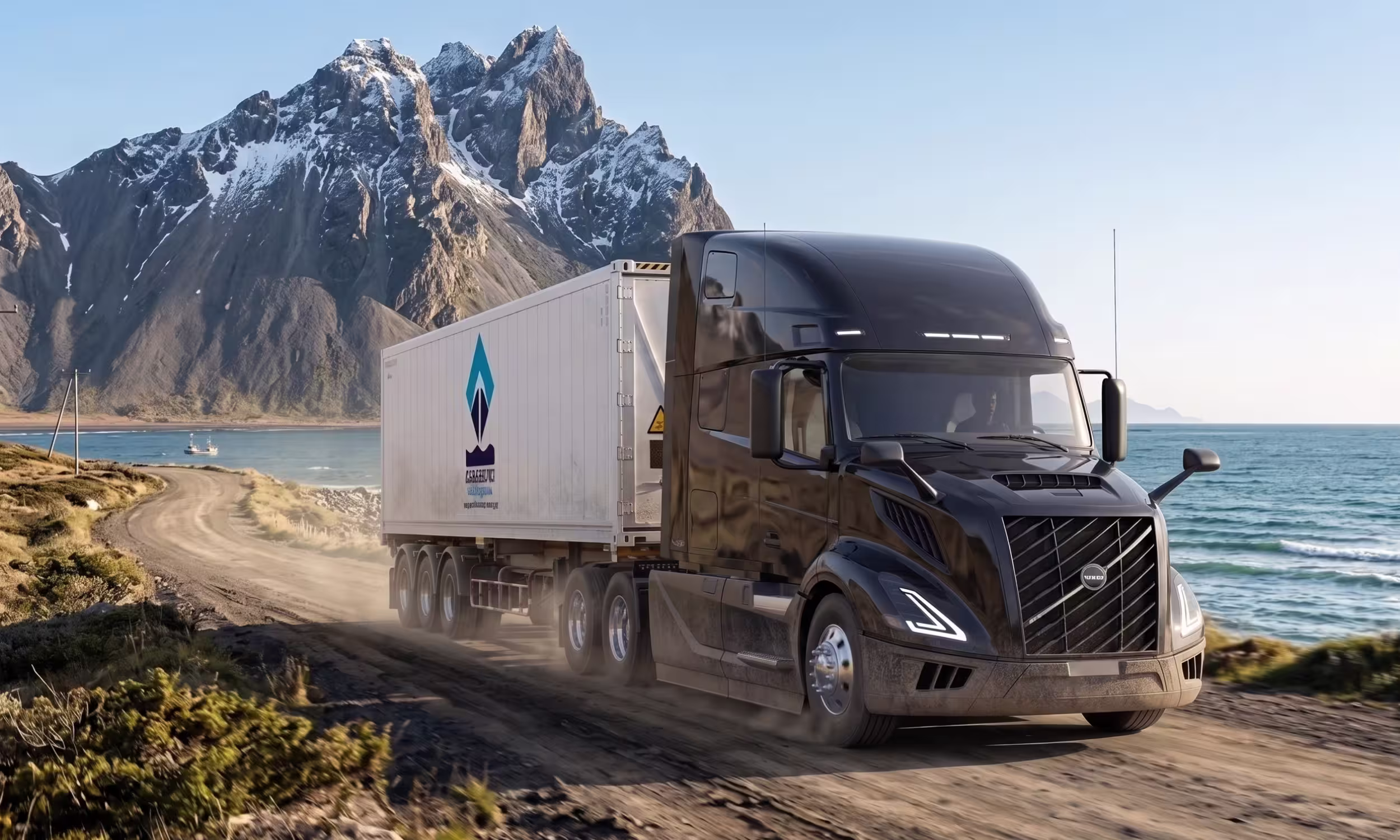 Camión Volvo moderno de color negro transportando un contenedor reefer de 40 pies de Zabarburu