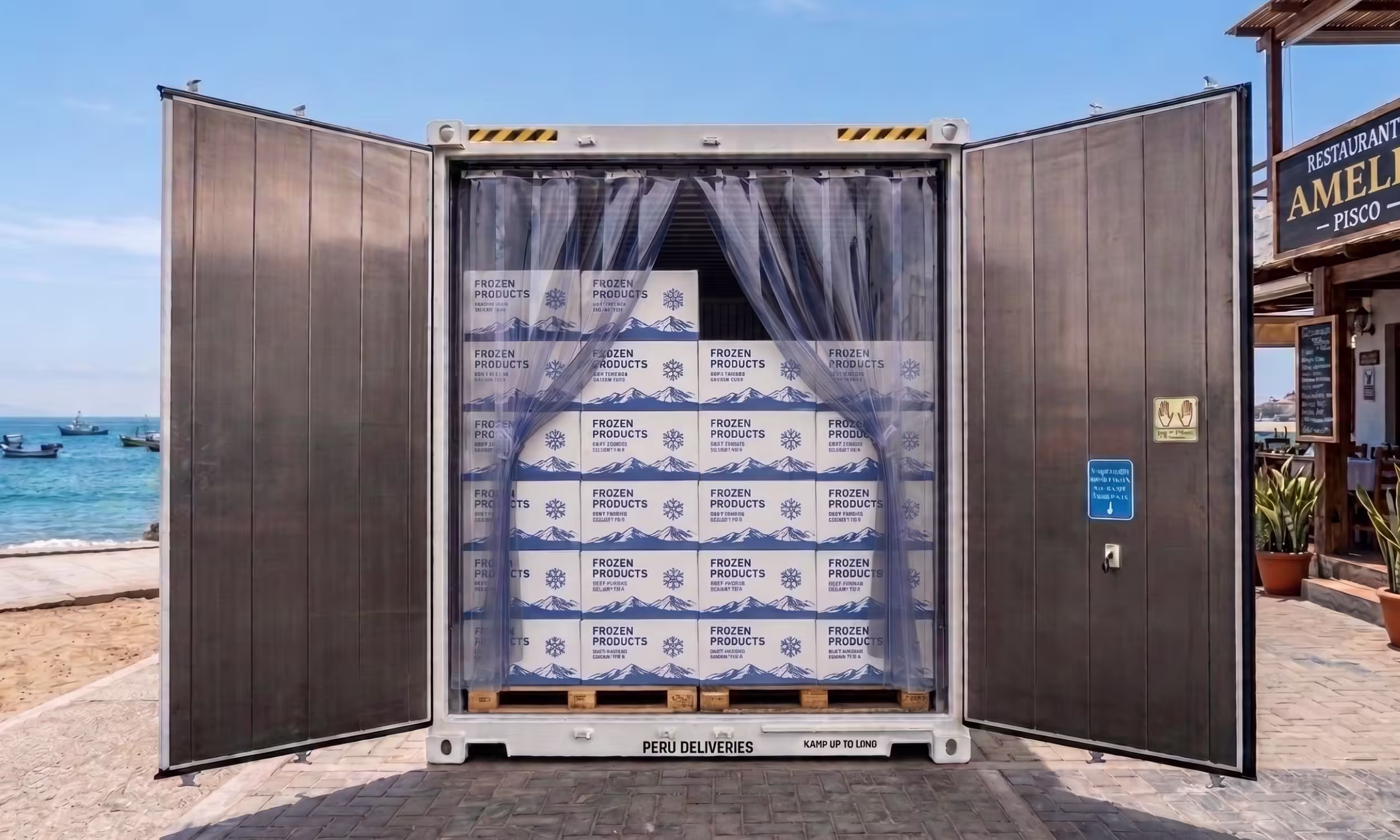Cajas de pescado congelado dentro de un contenedor refrigerado