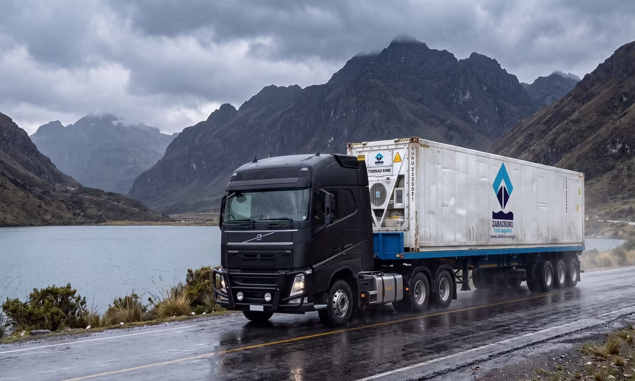 Camión negro transportando un contenedor refrigerado de 40 pies de Zabarburu