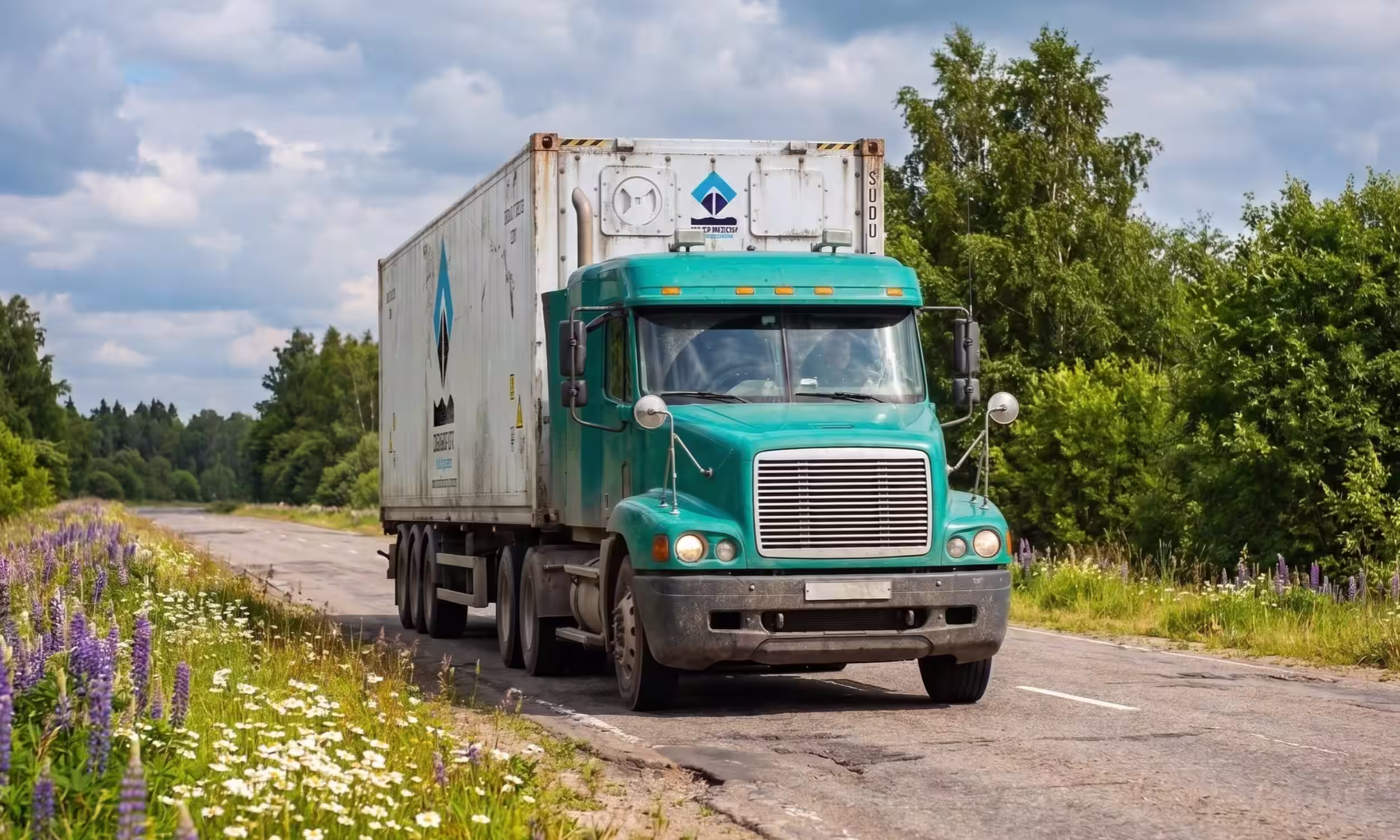 Camión verde transportando un contenedor refrigerado de 40 pies de la marca Zabarburu
