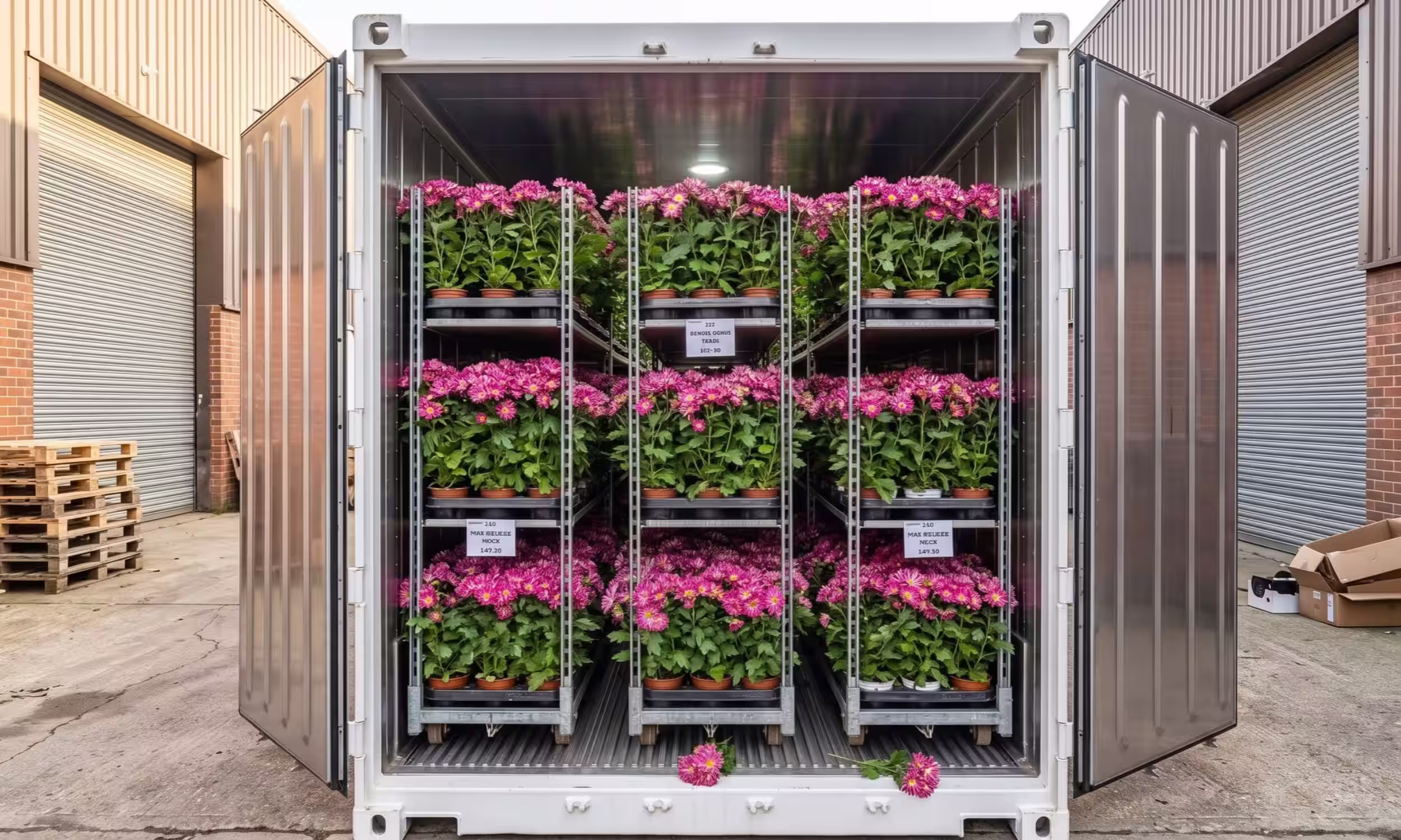 Interior de un contenedor refrigerado lleno de flores rosas