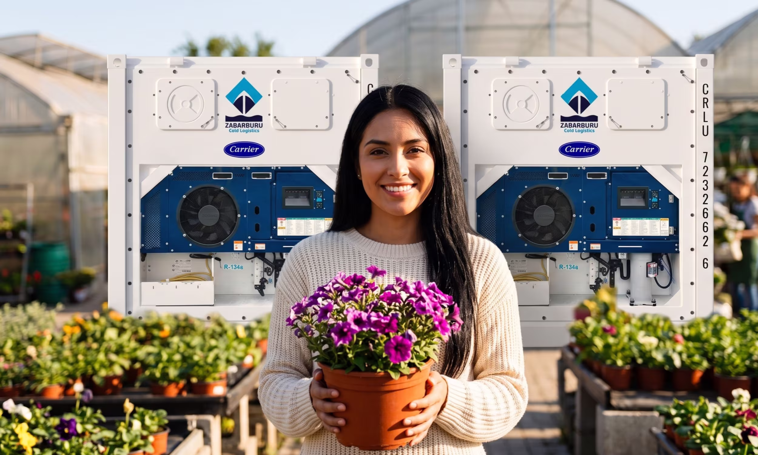 Mujer sosteniendo un macetero de flores lilas