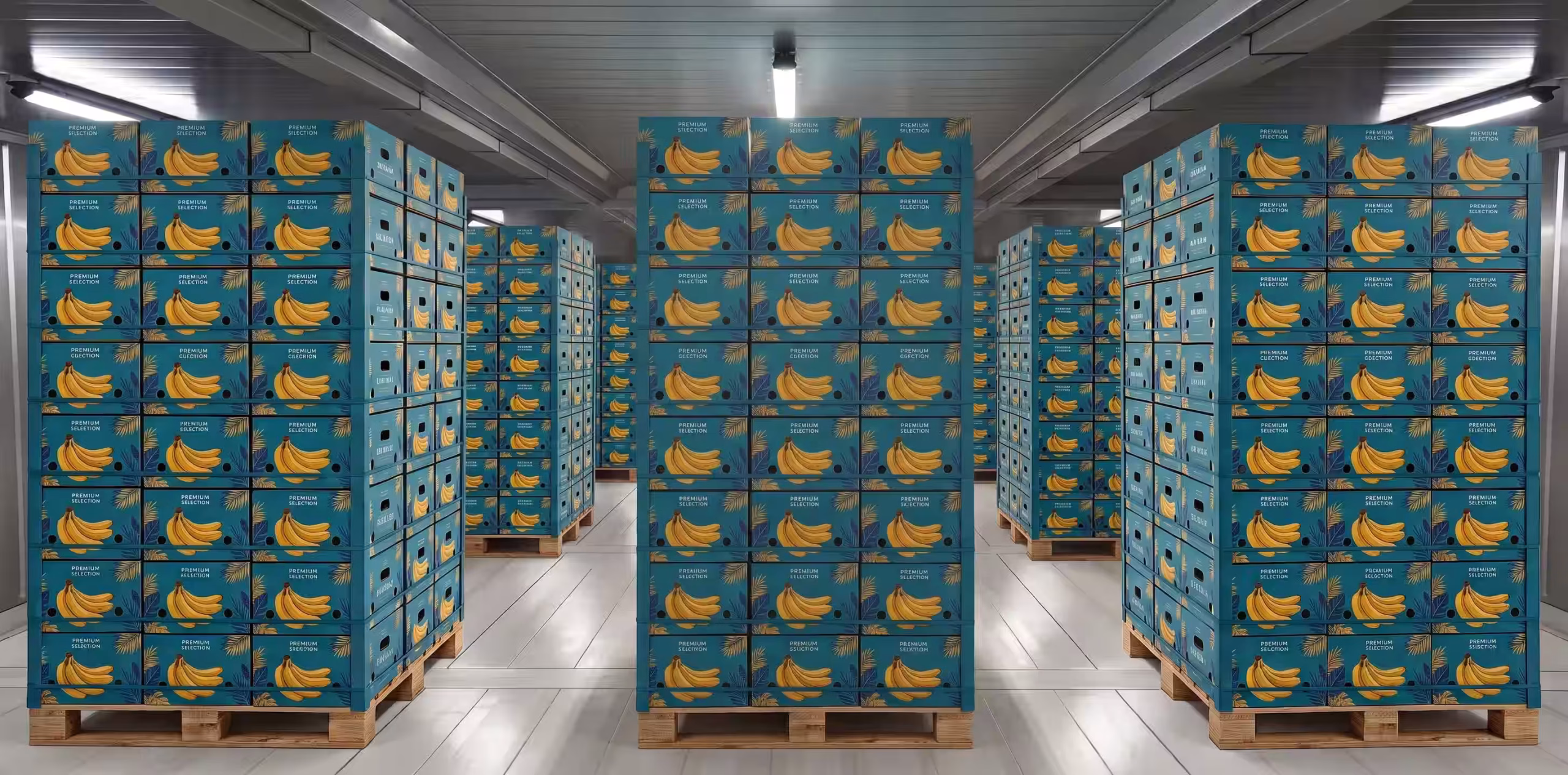 Cajas de banano paletizadas al interior de un almacén refrigerado